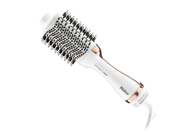 Foto da escova secadora Philco Beauty Rose na cor branca e rose