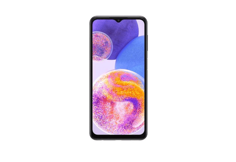 Foto do celular Samsung Galaxy A23 mostrando sua tela colorida e câmera frontal