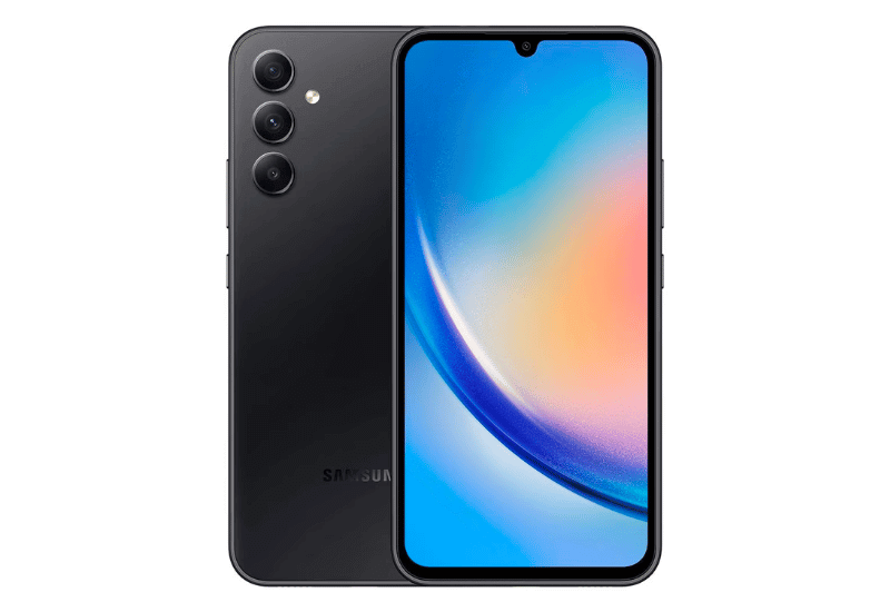 A imagem mostra dois celulares Samsung Galaxy A33, um mostrando a traseira na cor preta com as três câmeras, e o outro está de frente mostrando a tela colorida e sua câmera frontal