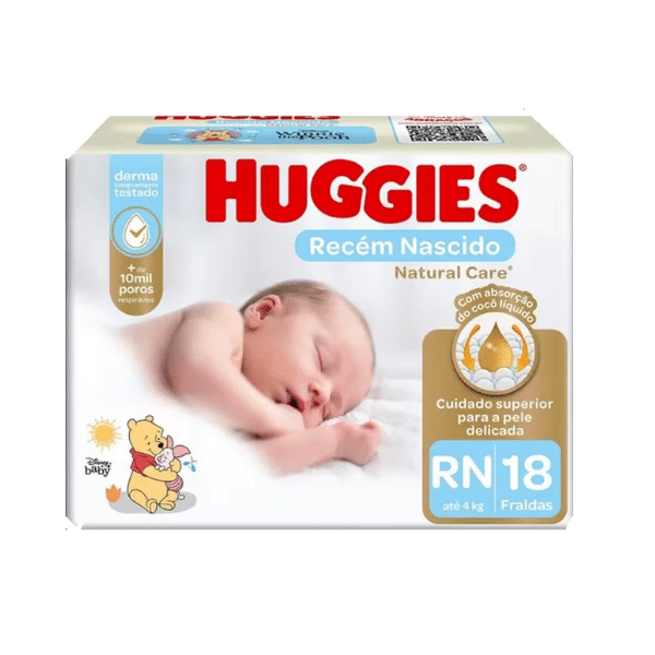 A foto mostra a embalagem da fralda descartável Huggies Natural Care.