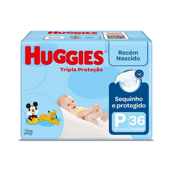 A foto mostra a embalagem da fralda descartável Huggies Tripla Proteção.