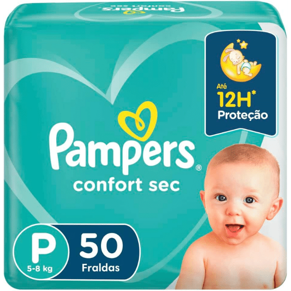 A foto mostra a embalagem da fralda descartável Pampers Confort Sec.