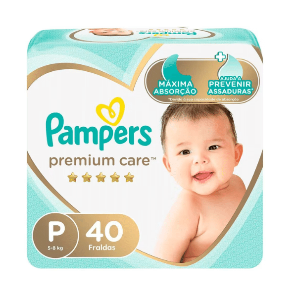 A foto mostra a embalagem da fralda descartável Pampers Premium Care.