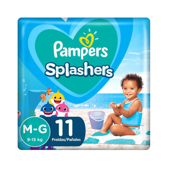 A foto mostra a embalagem da fralda descartável Pampers Splashers.