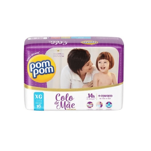 A foto mostra a embalagem da fralda descartável Pom Pom Colo de Mãe.