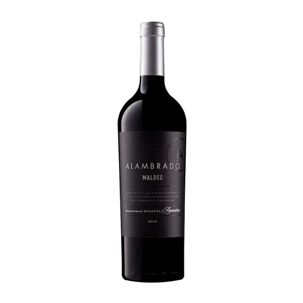 A foto mostra a garrafa do vinho para presentear: Alambrado Etiqueta Negra Malbec.