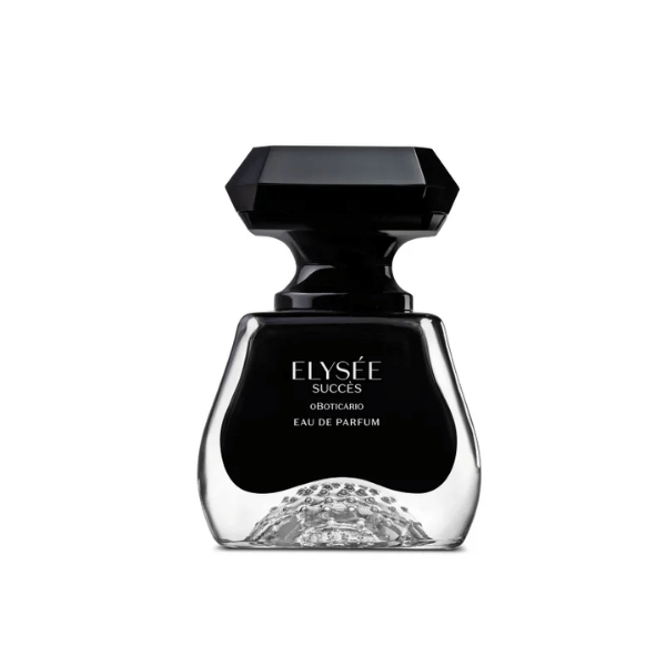 Frasco do perfume Elysée Succès na cor preta e tampa preta.