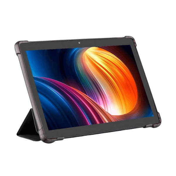 A foto mostra o tablet Multilaser Ultra U10 com a capinha na horizontal.
