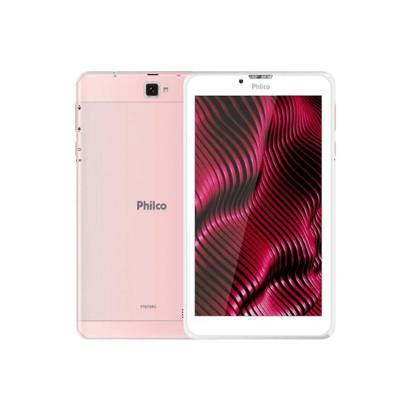A foto mostra o Philco PTB7SRG na cor branco (frente) e rosa (atrás).