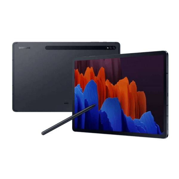A foto mostra o modelo Galaxy Tab S7 plus na cor preta e a caneta S Pen.