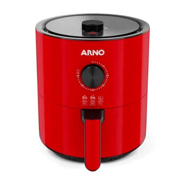 A foto mostra a Air Fryer vermelha da marca Arno, modelo Ultra UFRV.