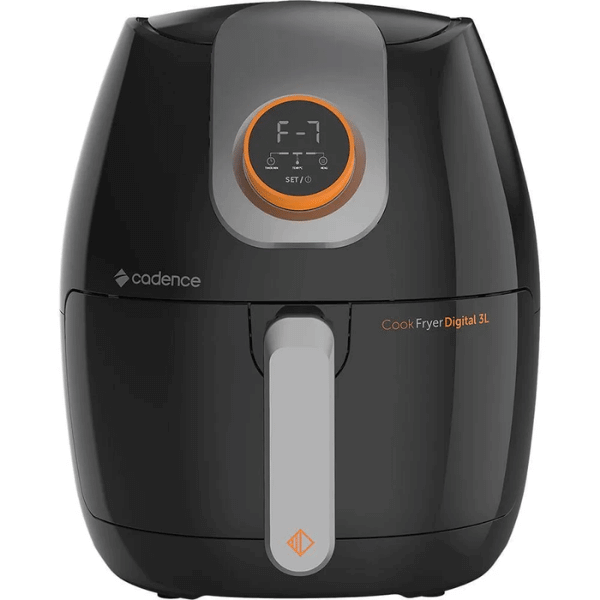 A foto mostra a Air Fyer preta da marca Cadence, modelo Contrast Cook Fryer Digital FRT526.