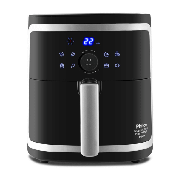 A foto mostra a Air Fryer preta da marca Philco, modelo PFR16P Gourmet Black Plus.