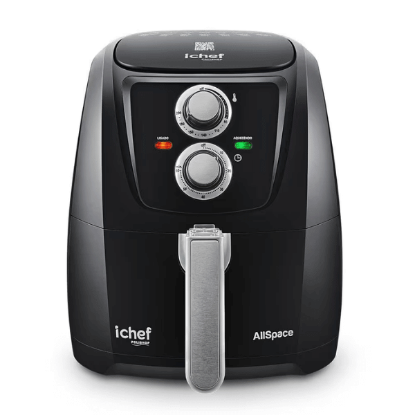A foto mostra a Air Fryer preta da marca Polishop, modelo iChef Allspace.