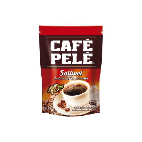 A foto mostra a embalagem vermelha do café Pelé solúvel.