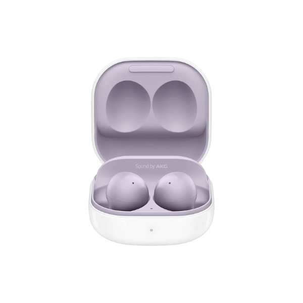 A foto mostra o fone de ouvido bluetooth da marca Samsung, modelo intra Galaxy Buds 2 na cor branco e lilás.