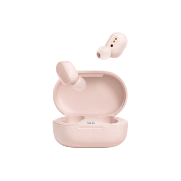 A foto mostra o fone de ouvido bluetooth da marca Xiaomi, modelo Redmi Airdots 3 na cor rosa.